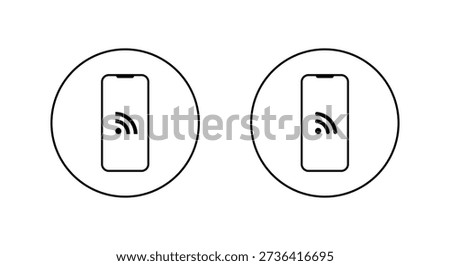 RSS feed on smartphone icon in circular outline. Internet syndication symbol in mobile phone screen
