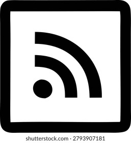 RSS feed symbol in black square outline. Signifies internet syndication and content distribution. Technology and communication icon.