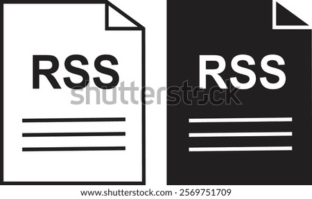 RSS file icon set. RSS file type symbol. File RSS format icon in black filled and outlined style isolated on transparent background. Ideal for technology or data related content, vector illustration.