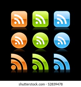 RSS glossy colored web button icon with reflection on black