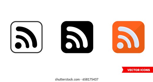 RSS icon of 3 types: color, black and white, outline. Isolated vector sign symbol.
