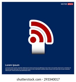 RSS icon - abstract logo type icon - Red & white sticker icon on blue background. Vector illustration