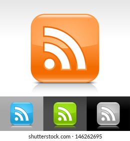RSS icon. Blue, orange, green, gray color glossy web button with white sign. Rounded square shape with shadow, reflection on white, gray, black background. Vector illustration element 8 eps