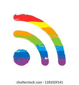 RSS icon. Drawing sign with LGBT style, seven colors of rainbow (red, orange, yellow, green, blue, indigo, violet