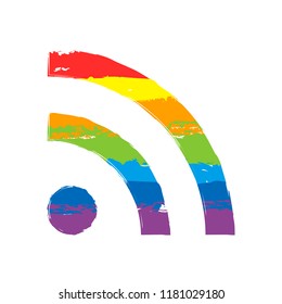RSS icon. Drawing sign with LGBT style, seven colors of rainbow (red, orange, yellow, green, blue, indigo, violet