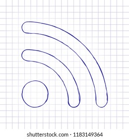 RSS icon. Hand drawn picture on paper sheet. Blue ink, outline sketch style. Doodle on checkered background