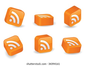 RSS icon on vibrant, glossy, three-dimensional blocks in various positions