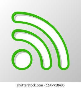RSS icon. Paper style. Cut symbol with green bold contour on shape and simple shadow