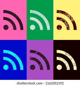 RSS icon. Pop art style. Scratched icons on 6 colour backgrounds. Seamless pattern
