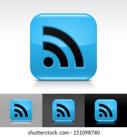 RSS icon set blue color glossy web button with black sign. Rounded square shape with shadow, reflection on white, gray, black background. Vector illustration design element in 8 eps 