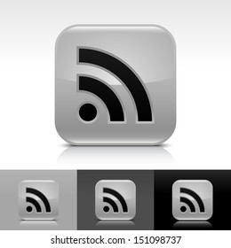 RSS icon set gray color glossy web button with black sign. Rounded square shape with shadow, reflection on white, gray, black background. Vector illustration design element in 8 eps 