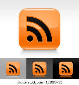 RSS icon set orange color glossy web button with black sign. Rounded square shape with shadow, reflection on white, gray, black background. Vector illustration design element in 8 eps