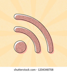 RSS icon. Vintage retro typography with offset printing effect. Dots poster with comics pop art background