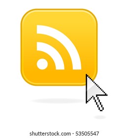 RSS internet web button with cursor. Yellow rounded square shape with drop shadow. White background