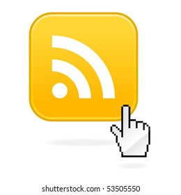 RSS internet web button with cursor hand. Yellow rounded square shape with shadow. White background