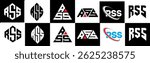 RSS letter logo design in six style. RSS polygon, circle, triangle, hexagon, flat and simple style with black and white color variation letter logo set in one artboard. RSS minimalist and classic logo