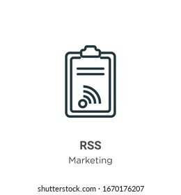 Rss outline vector icon. Thin line black rss icon, flat vector simple element illustration from editable marketing concept isolated stroke on white background