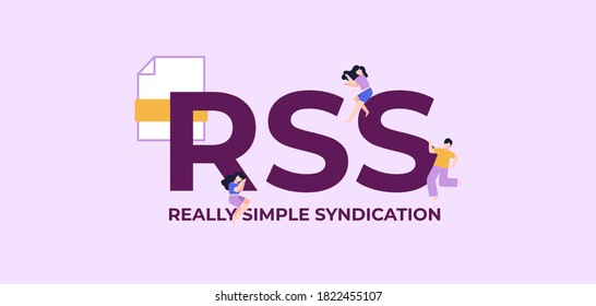 RSS really simple syndication. Business programming and coding technologies and web software digital graphic scripts and vector monitoring interfaces poster of mobile applications.