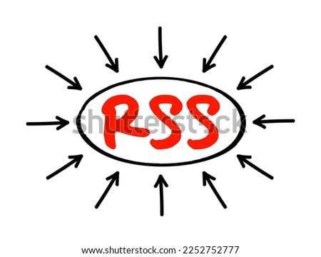 RSS Rich Site Summary - web feed that allows users and applications to access updates to websites in a standardized, computer-readable format, acronym text concept with arrows