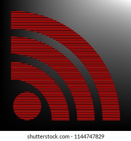 RSS sign icon. RSS feed symbol. Vector. Striped red and black icon at gradient blackish background. Zebra.
