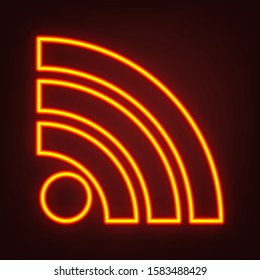 RSS sign icon. RSS feed symbol. Yellow, orange, red neon icon at dark reddish background. Illumination. Illustration.