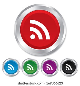 RSS sign icon. RSS feed symbol. Round metallic buttons. Vector