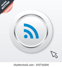 RSS sign icon. RSS feed symbol. White button with metallic line. Modern UI website button with mouse cursor pointer. Vector