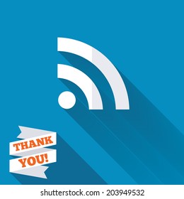 RSS sign icon. RSS feed symbol. White flat icon with long shadow. Paper ribbon label with Thank you text. Vector