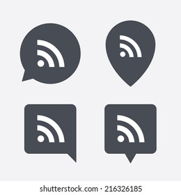 RSS sign icon. RSS feed symbol. Map pointers information buttons. Speech bubbles with icons. Vector