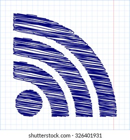 RSS sign icon. RSS feed symbol with pen and school paper effect 