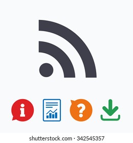 RSS sign icon. RSS feed symbol. Information think bubble, question mark, download and report.