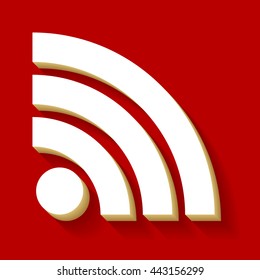RSS sign icon. RSS feed symbol. White button icon with wood color and shadow on dark red background.