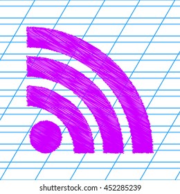 RSS sign icon. RSS feed symbol. Violet scribble icon with school paper.