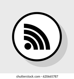 RSS sign icon. RSS feed symbol. Vector. Flat black icon in white circle with shadow at gray background.