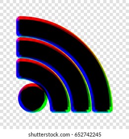 RSS sign icon. RSS feed symbol. Vector. Black icon with red-green-blue contours on transparent background.