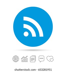RSS sign icon. RSS feed symbol. Copy files, chat speech bubble and chart web icons. Vector