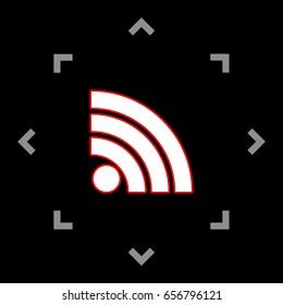 RSS sign icon. RSS feed symbol. Vector. White icon in gray focus like mandala on black background.