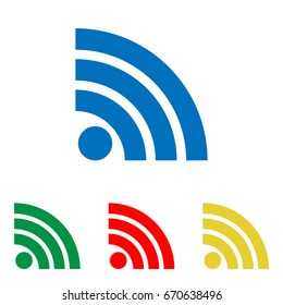 RSS sign icon. RSS feed symbol. Vector. Big blue flat icon with red, green and yellow small icons at white background. Isolated.