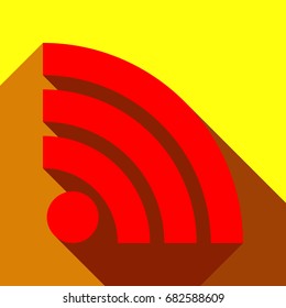 RSS sign icon. RSS feed symbol. Vector. Red icon with two flat reddish shadows on yellow background.