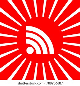 RSS sign icon. RSS feed symbol. Vector. White icon on red sun with rays as background. Isolated.