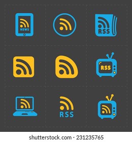 RSS sign icons. RSS feed symbols on Black Background.