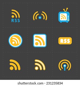 RSS sign icons. RSS feed symbols on Black Background.