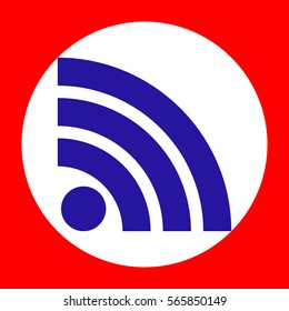 RSS sign illustration. Blue icon in white circle at red background. Colors of USA flag. Circumscribed circle. Circumcircle.
