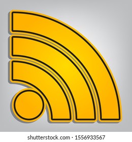 RSS sign illustration. Flat orange icon with overlapping linear black icon with gray shadow at whitish background. Illustration.