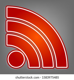 RSS sign illustration. Flat red icon with linear white icon with gray shadow at grayish background. Illustration.