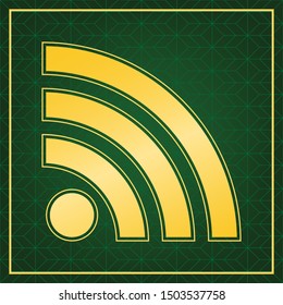 RSS sign illustration. Golden icon with gold contour at dark green gridded white background. Illustration.