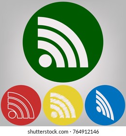 RSS sign illustration. Vector. 4 white styles of icon at 4 colored circles on light gray background.