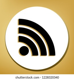 RSS sign illustration. Vector. Black icon with light brown shadow in white circle with shaped ring at golden background.