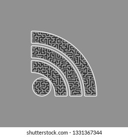 RSS sign illustration. Vector. Black maze filled icon with white border at gray background.