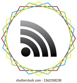 RSS sign illustration. Vector. Black icon with patch of light inside colorful hexagonal frames at white background.